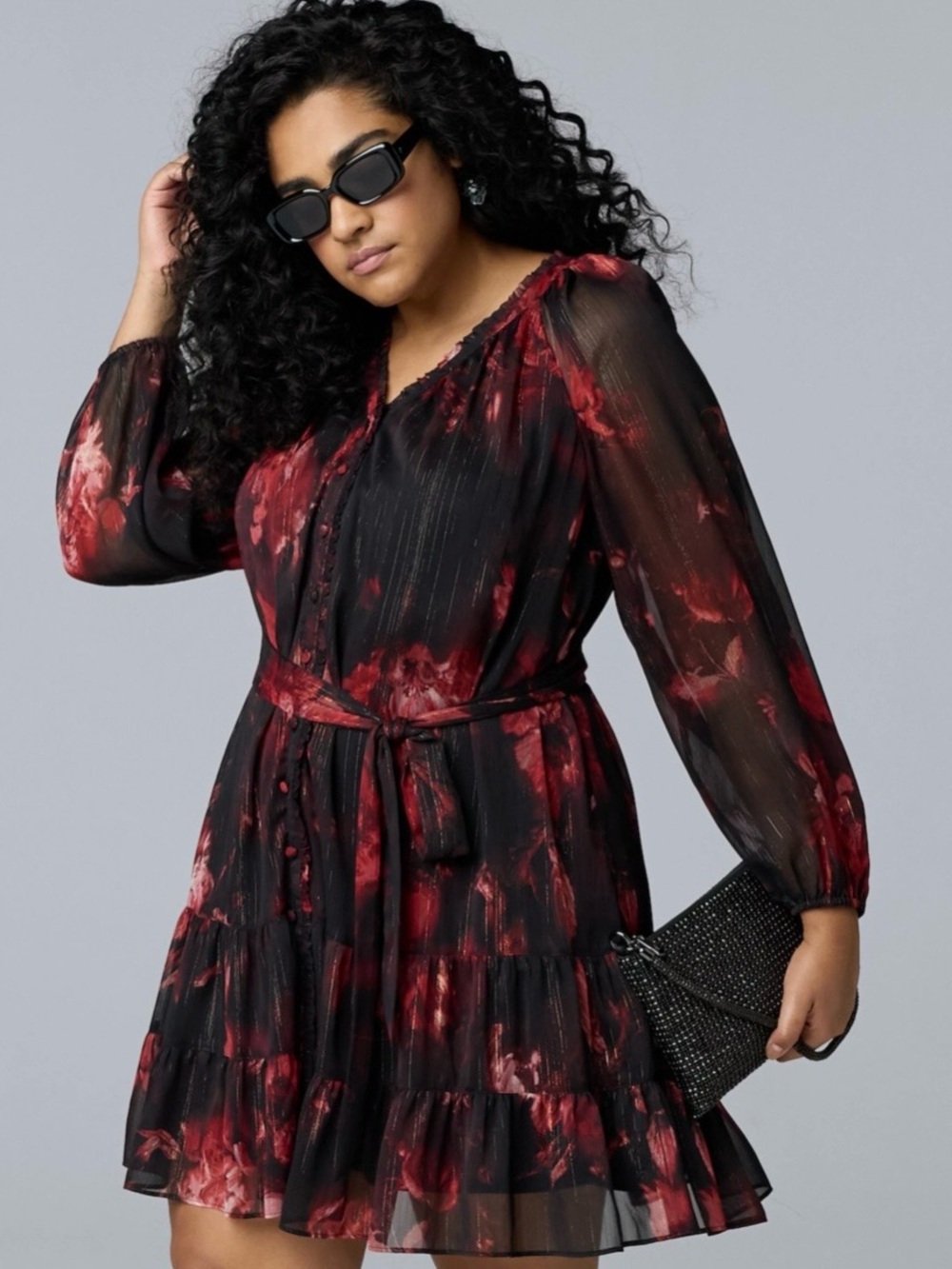 Simply Vera Vera Wang Black Red Floral Tie Waist Mini Dress L